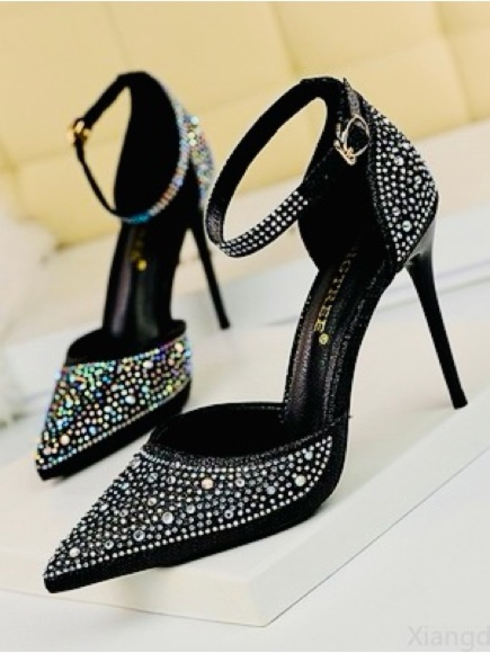Black Crystal-Embellished Pointed-Toe Ankle-Strap Heels